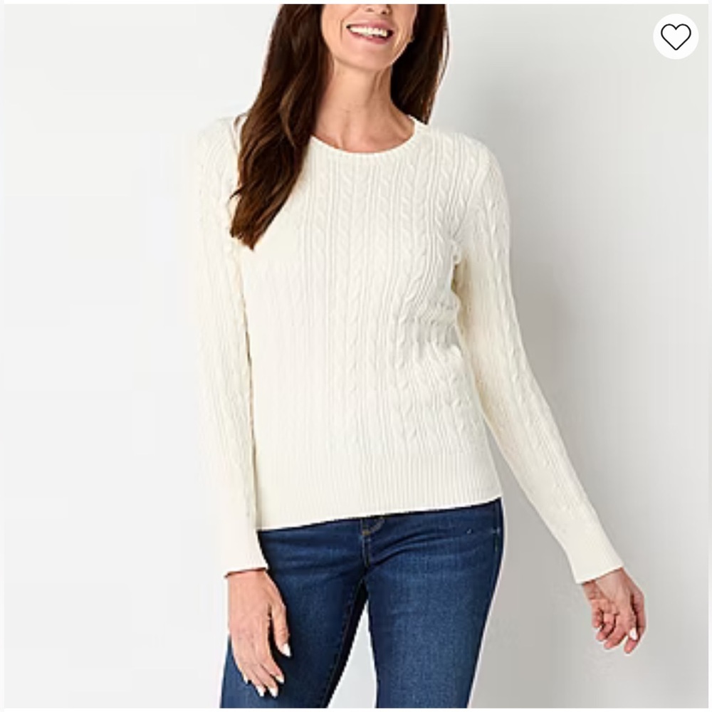 St John’s Bay Cotton Ivory Cable Knit Ribbed Pullover Sweater Large Preppy